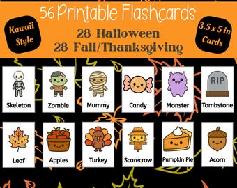56 tarjetas didácticas de otoño y Halloween para niños, tarjetas imprimibles, tarjetas de aprendizaje de Acción de Gracias, lindas tarjetas didácticas de otoño, aprendizaje Montessori