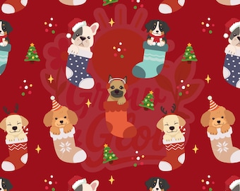 May include: A repeating pattern of various dog breeds in Christmas stockings and festive hats on a red background. The design includes Christmas trees and star accents, creating a holiday theme.