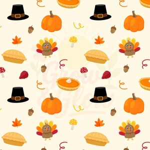 May include: A repeating pattern with Thanksgiving motifs: pumpkins, turkey, pie, pilgrim hats, acorns, mushrooms, and leaves. The design has a cream background with orange, brown, red, and yellow illustrations.