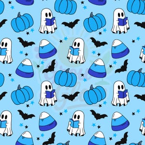 Peut inclure: Motif répétitif sur fond bleu clair avec des illustrations sur le thème d'Halloween. Le motif comprend des citrouilles bleues, des fantômes blancs lisant des livres, des chauves-souris noires, des bonbons en forme d'épi de maïs bleus et blancs et des étoiles bleues.