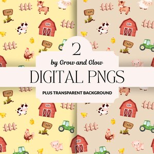 Pode incluir: Quatro PNGs digitais com tema de fazenda com fundo transparente. Os designs apresentam um padrão repetitivo de um celeiro vermelho, trator verde, vaca, galinha, porco, ovelha e uma placa que diz "FARM". O texto "DIGITAL PNGS" também é visível.