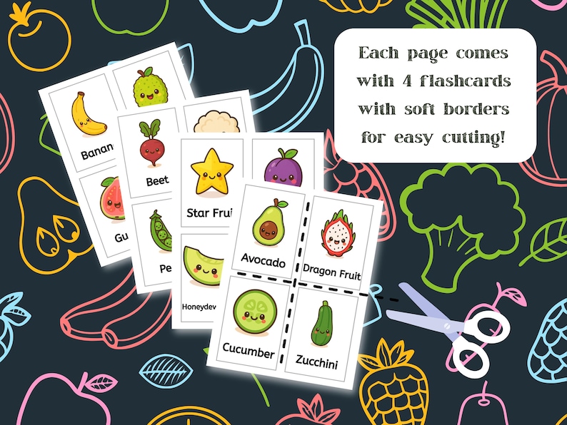 60 Kawaii Fruit & Vegetable Flashcards Printable Food Flashcards for ...