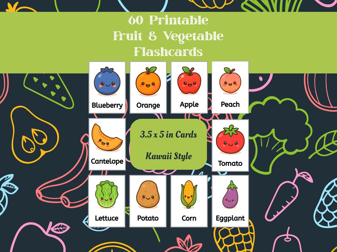 60 Kawaii Fruit & Vegetable Flashcards Printable Food Flashcards for ...