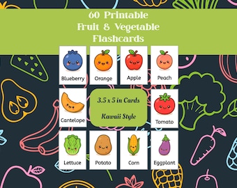 60 Kawaii Fruit & Vegetable Flashcards Printable Food Flashcards for Kids Montessori Learning Digital Download Flash Card Toddler Learning