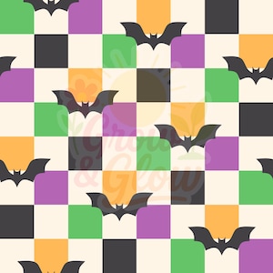 Dark Halloween Bat Seamless Pattern PNG Cute Checkered Digital Paper Spooky Cute Background for Scrapbooking, Sublimation, Fabric Printing