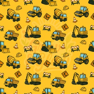 May include: A repeating pattern of yellow construction vehicles, including cement mixers, dump trucks, and excavators, on a bright yellow background. The design also features orange traffic cones, road signs, and hard hats. The overall theme is construction and building.