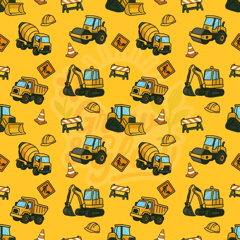 May include: A repeating pattern of yellow construction vehicles, including cement mixers, dump trucks, and excavators, on a bright yellow background. The design also features orange traffic cones, road signs, and hard hats. The overall theme is construction and building.