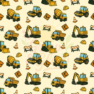 May include: A repeating pattern featuring yellow construction vehicles such as cement mixers, dump trucks, and excavators, set against a pale yellow backdrop. The design also includes orange traffic cones, construction signs, and hard hats.