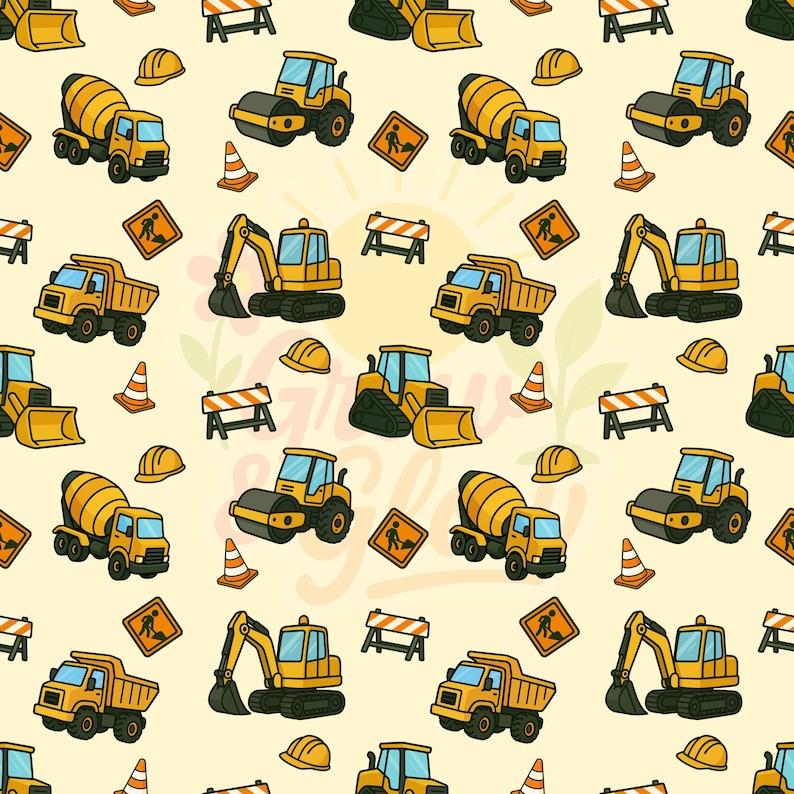 May include: A repeating pattern featuring yellow construction vehicles such as cement mixers, dump trucks, and excavators, set against a pale yellow backdrop. The design also includes orange traffic cones, construction signs, and hard hats.