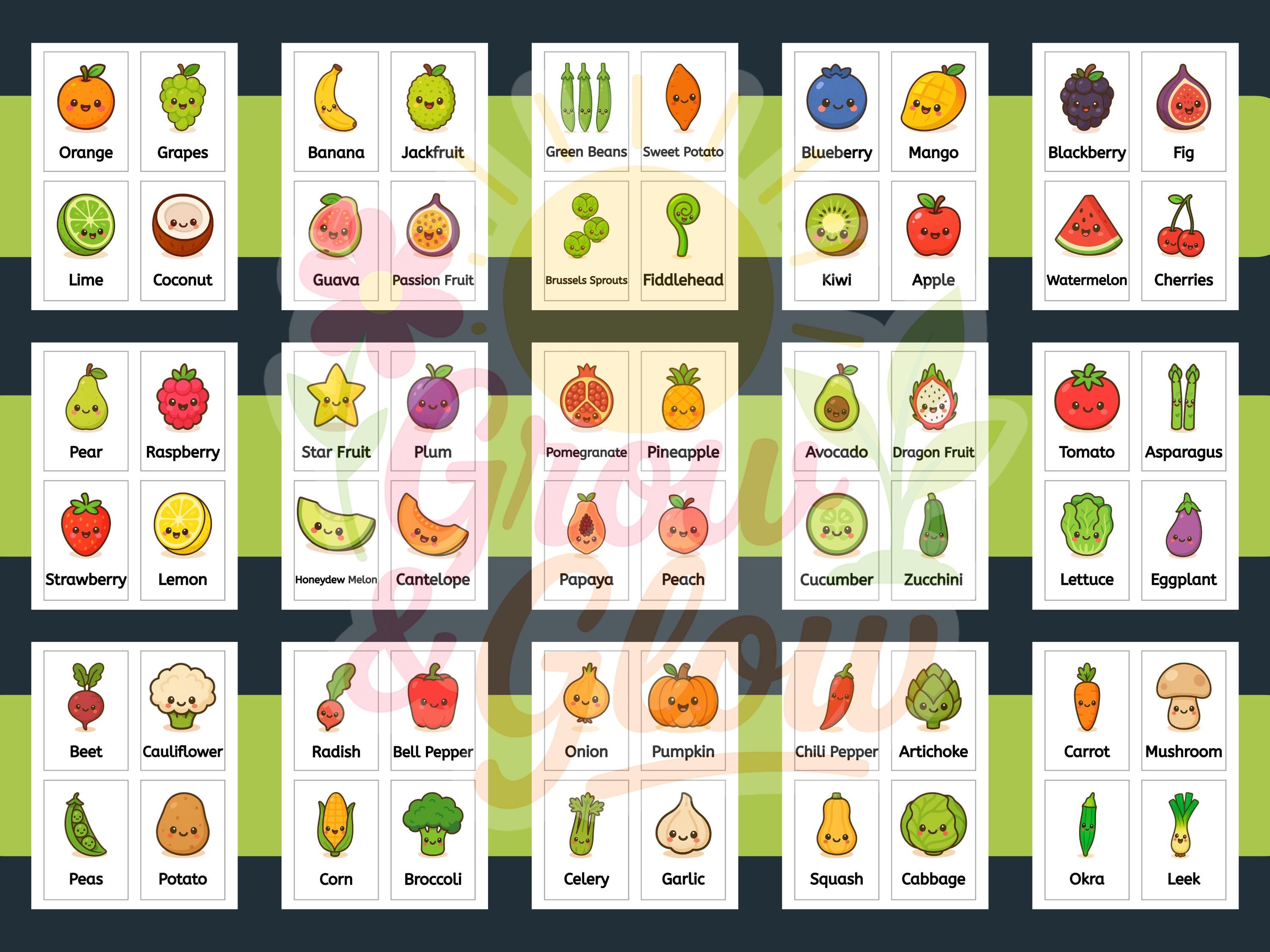 60 Kawaii Fruit & Vegetable Flashcards Printable Food Flashcards for ...