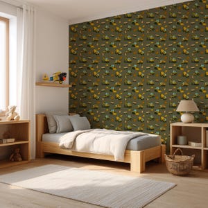 May include: A bedroom featuring a wooden bed, nightstand, and patterned wallpaper. The wallpaper displays a repeating pattern of construction vehicles in yellow, blue, and orange on a dark green backdrop. A toy aeroplane sits on a shelf.