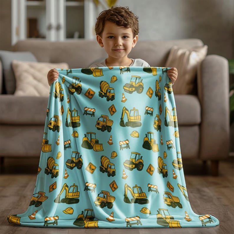 May include: A light blue blanket with a repeating pattern of yellow construction vehicles, including excavators, dump trucks, and cement mixers. The blanket also features road signs, traffic cones, and hard hats. The blanket is held by a child.