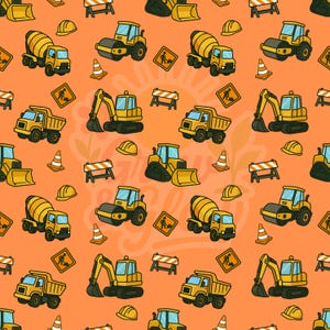 May include: An orange pattern featuring yellow construction vehicles such as cement mixers, dump trucks, and excavators. The design also includes road rollers, safety cones, hard hats, and road signs.