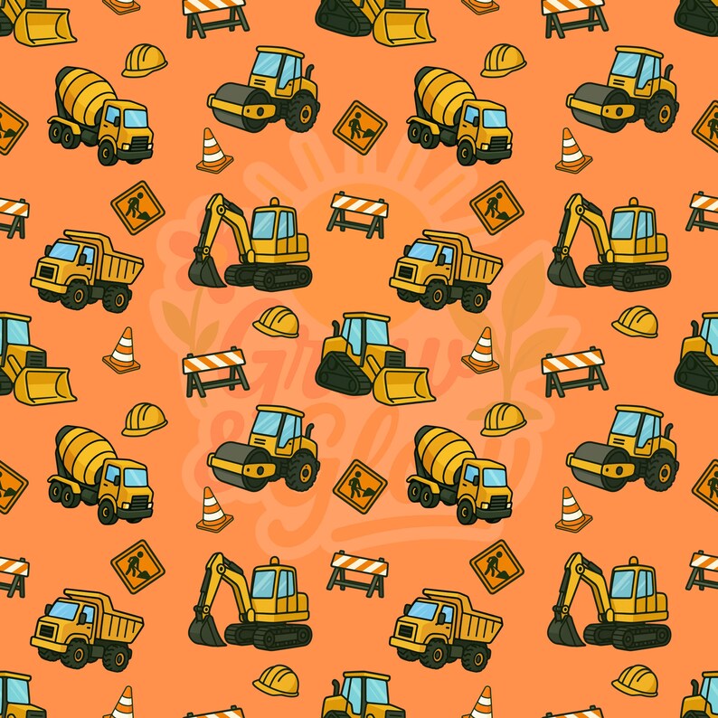May include: An orange pattern featuring yellow construction vehicles such as cement mixers, dump trucks, and excavators. The design also includes road rollers, safety cones, hard hats, and road signs.