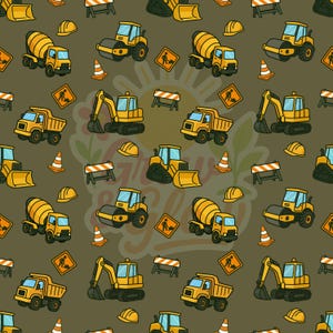 May include: A repeating pattern featuring yellow construction vehicles such as dump trucks, cement mixers, excavators, and road rollers, set against a muted green backdrop. The design also includes orange traffic cones, construction signs, and yellow hard hats.