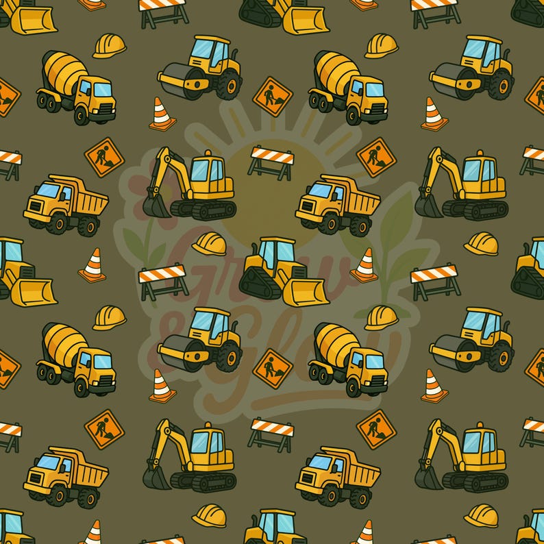 May include: A repeating pattern featuring yellow construction vehicles such as dump trucks, cement mixers, excavators, and road rollers, set against a muted green backdrop. The design also includes orange traffic cones, construction signs, and yellow hard hats.