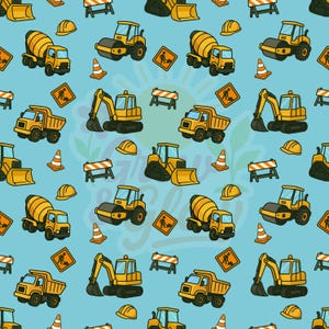 May include: A repeating pattern of yellow construction vehicles, including cement mixers, dump trucks, and excavators, on a light blue background. The design also features orange traffic cones, hard hats, and road signs.