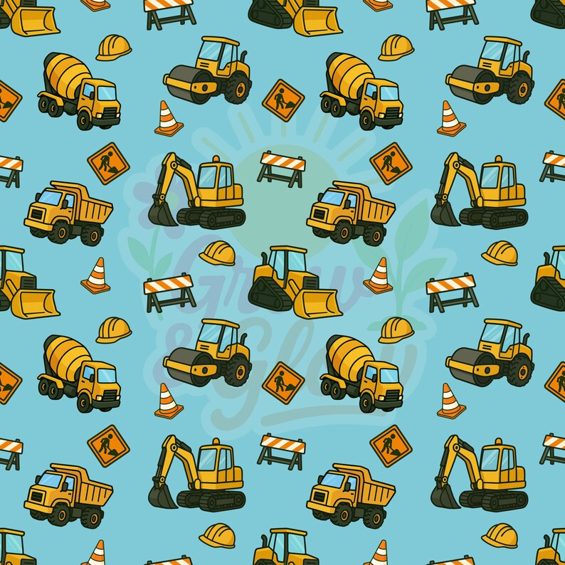 May include: A repeating pattern of yellow construction vehicles, including cement mixers, dump trucks, and excavators, on a light blue background. The design also features orange traffic cones, hard hats, and road signs.