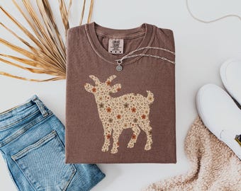 Pygmy Goat Floral Pattern T-Shirt for Goat Moms, Cottagecore Goat Tee, Homesteader Gift for Goat Lover Comfort Colors, BoHo Farm Life Floral