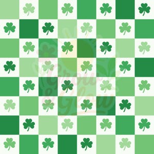 May include: A repeating pattern of green and white squares, each containing a four-leaf clover. The clovers vary in shades of green, creating a festive and cheerful design. The background has the words "Grow" and "Glow" in a cursive font.