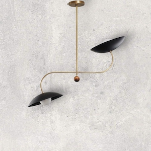 Mid-Century Modern Brass Chandelier: Black Dome Shade Sputnik Light