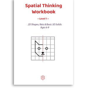 Puede incluir: Un cuaderno blanco titulado "Spatial Thinking Workbook" con texto rojo. La portada incluye una cuadrícula con un contorno de gato y el texto "Level 1 - 2D Shapes, Nets & Basic 3D Solids Ages 6-9".