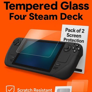 May include: An orange background with the words "NEW! Tempered Glass Four Steam Deck." A black Steam Deck is shown with a screen protector. The image also shows a pack of two screen protectors, and icons for scratch resistance, ultra clear, and easy installation.