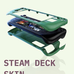 Könnte beinhalten: Explosionszeichnung einer Steam Deck-Hülle in Grün, Schwarz und Grau. Die Hülle besteht aus mehreren Teilen, die zusammenpassen, um das Gerät zu schützen. Der Text "STEAM DECK SKIN" wird in großen, fetten Buchstaben angezeigt.