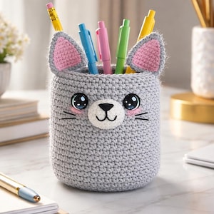 May include: A gray crocheted cat-shaped pencil holder with pink-lined ears and a cute cat face. The pencil holder is filled with colorful pens and a pencil. The handmade container is a charming desk accessory.