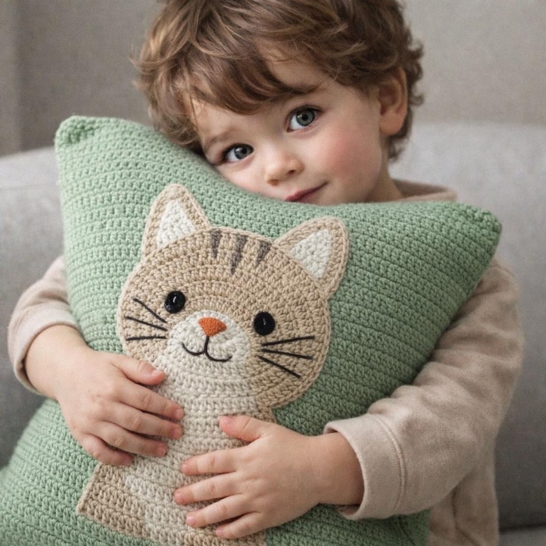 Crochet Cat Pillow Pattern PDF, Cute Cat Cushion Cover, Kids Room Decor, Animal Pillow Crochet Pattern, Cat Pillow PDF image 2