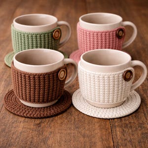 May include: Four ceramic mugs with knitted cozies and matching coasters. The cozies are in green, pink, brown, and white, each secured with a wooden button. The mugs sit on a wooden surface.