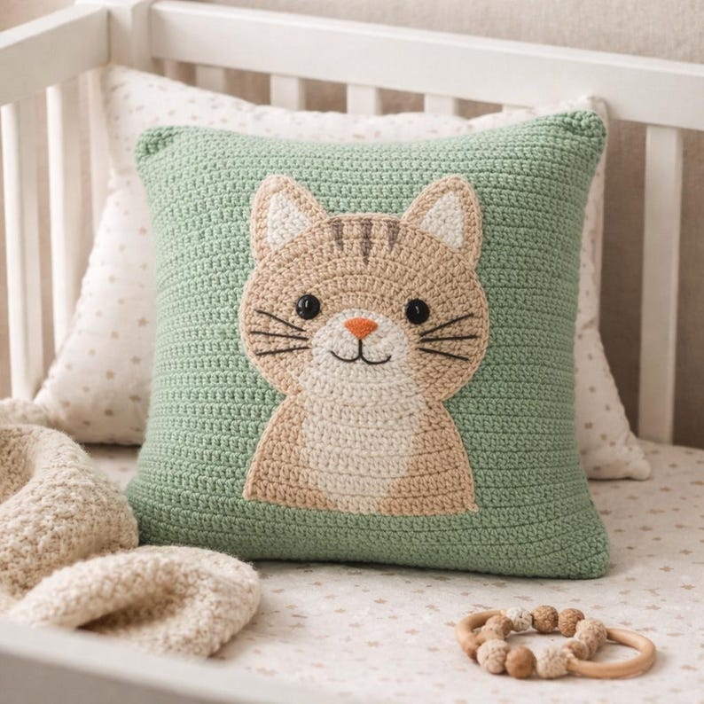 May include: A square, crocheted cushion featuring a cat face design. The cushion has a light green background with a tan and cream-coloured cat face in the centre. The cat has black whiskers, a small orange nose, and a smiling mouth. The cushion is on a white cot.