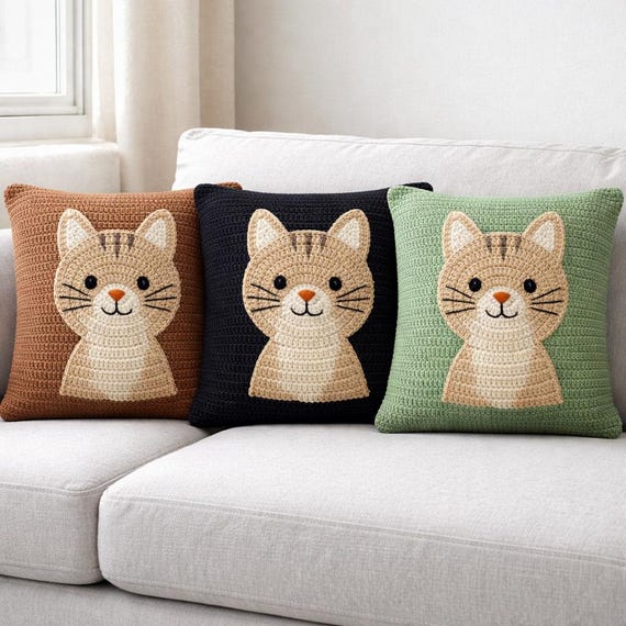 Crochet Cat Pillow Pattern PDF, Cute Cat Cushion Cover, Kids Room Decor, Animal Pillow Crochet Pattern, Cat Pillow PDF