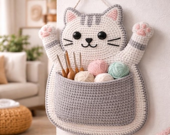 Crochet Cat Wall Organizer Pattern – Cute Kitty Hanging Pocket PDF, Nursery Storage Decor, Bathroom Organizer Crochet Pattern, Digital