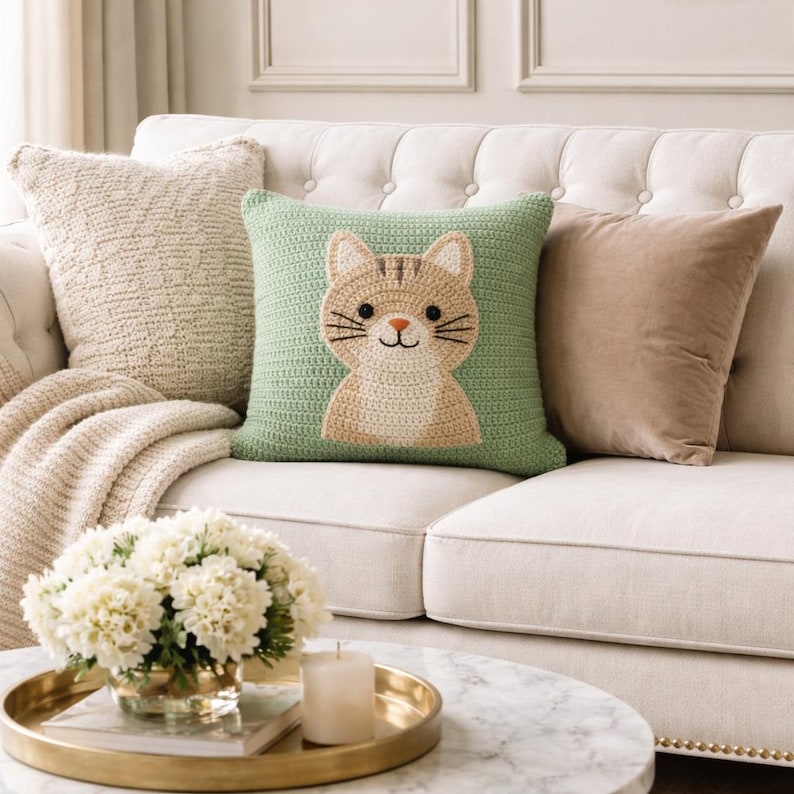 May include: A light green crochet cushion featuring a tan cat design, positioned on a white sofa alongside other cushions. The cat has a smiling face with black whiskers and a small orange nose. A gold tray with flowers and a candle sits on a marble table.