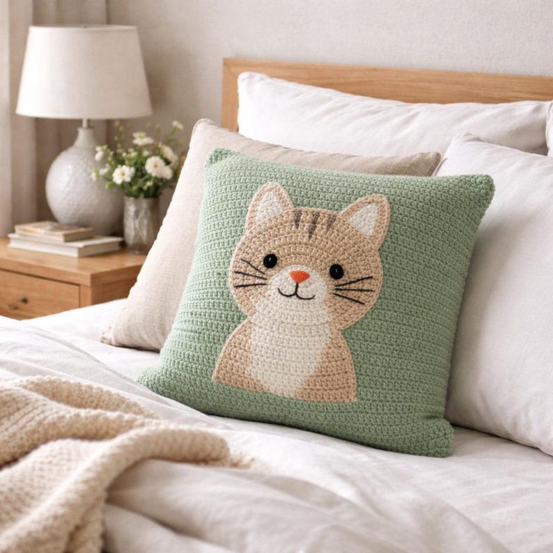May include: A green square crochet cushion featuring a tan and white cat face applique. The cat has black whiskers, a red nose, and black eyes. The cushion is on a bed with white sheets and other cushions.