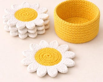 Crochet Daisy Basket & Coaster Pattern PDF | Yellow Flower Organizer Set | Easy Home Decor Crochet Tutorial Digital Download Instant Files!!