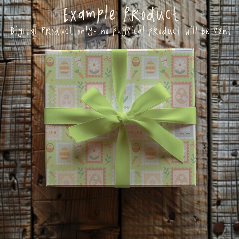 K&ouml;nnte beinhalten: Eine quadratische Geschenkbox, verpackt in hellgr&uuml;nem Papier mit einem sich wiederholenden Muster aus Ostermarken, Karotten und K&ouml;rben. Ein hellgr&uuml;nes Band ist in einer Schleife um die Box gebunden. Der Text "Example Product" und "Digital Product only- no physical product will be sent" sind sichtbar.