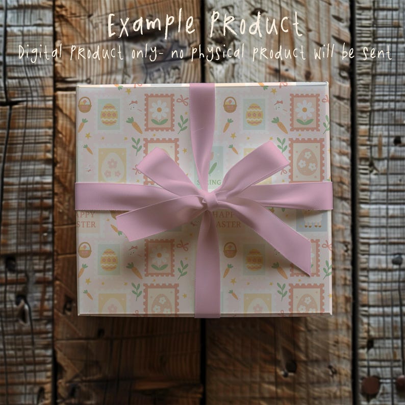May include: A gift box wrapped in Easter-themed paper with eggs, carrots, and floral motifs. It's tied with a pale pink ribbon and bow. The text "Example Product" and "Digital Product only- no physical product will be sent" are visible.