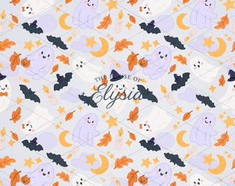 Cute Halloween Seamless Pattern – Ghosts, Bats, Stars (Digital Paper)