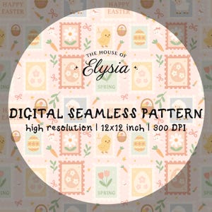 Pode incluir: Um padrão digital sem costura com tema de Páscoa. O design apresenta selos com flores, ovos e pintinhos, juntamente com cenouras, cestos e o texto "Happy Easter". O padrão tem 30,48 cm x 30,48 cm.