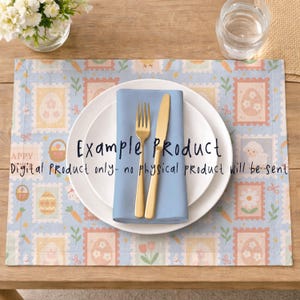 May include: A placemat with a light blue background featuring Easter-themed postage stamp designs. A white plate, blue napkin, and gold fork and knife are set on top. The text "Example Product" and "Digital Product only- no physical product will be sent" are visible.