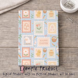 May include: A hardcover notebook with a light blue cover featuring Easter-themed postage stamp designs. The stamps include images of chicks, eggs, flowers, and the words "SPRING" and "HAPPY EASTER". The text "Example Product" is visible.