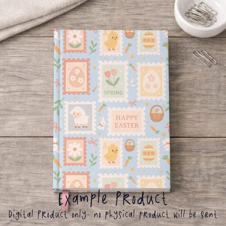 May include: A hardcover notebook with a light blue cover featuring Easter-themed postage stamp designs. The stamps include images of chicks, eggs, flowers, and the words "SPRING" and "HAPPY EASTER". The text "Example Product" is visible.