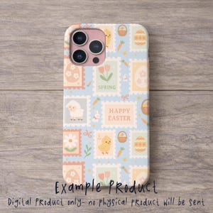 May include: A phone case with a pastel Easter-themed design. The case features stamp-like illustrations of eggs, chicks, carrots, and the words "Spring" and "Happy Easter." The text "Example Product" is also visible.