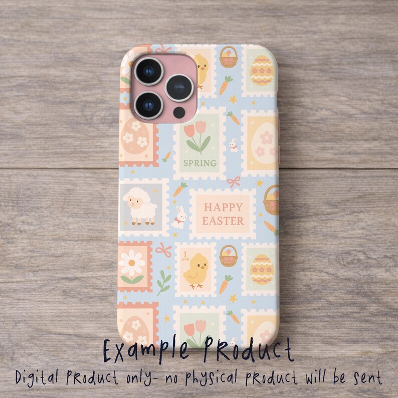 May include: A phone case with a pastel Easter-themed design. The case features stamp-like illustrations of eggs, chicks, carrots, and the words "Spring" and "Happy Easter." The text "Example Product" is also visible.