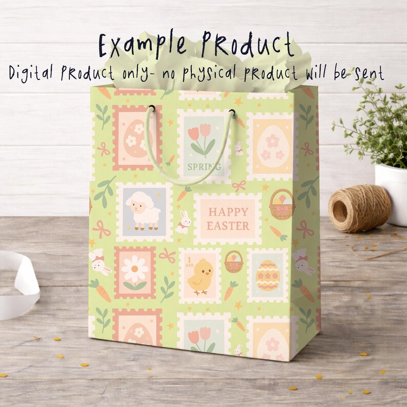 K&ouml;nnte beinhalten: Eine gr&uuml;ne Geschenkverpackung zum Thema Ostern mit einem sich wiederholenden Muster aus Briefmarken mit L&auml;mmern, Hasen, Blumen und Ostereiern. Die Tasche hat einen wei&szlig;en Griff und die Worte "Happy Easter" und "Spring".