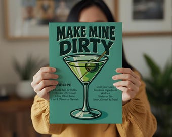 Dirty Martini Art Print, retro cocktailkunst aan de muur, popart keukendecor, barwagenkunstwerk, moderne drankillustratie, cocktailliefhebber cadeau