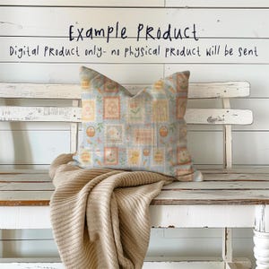 May include: A decorative pillow with a light blue background and a repeating pattern of Easter-themed postage stamps. The stamps feature images of bunnies, chicks, eggs, and baskets. The pillow is resting on a white bench with a tan blanket.