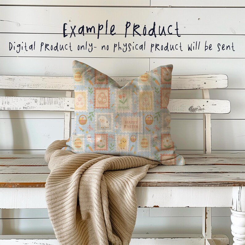 May include: A decorative pillow with a light blue background and a repeating pattern of Easter-themed postage stamps. The stamps feature images of bunnies, chicks, eggs, and baskets. The pillow is resting on a white bench with a tan blanket.